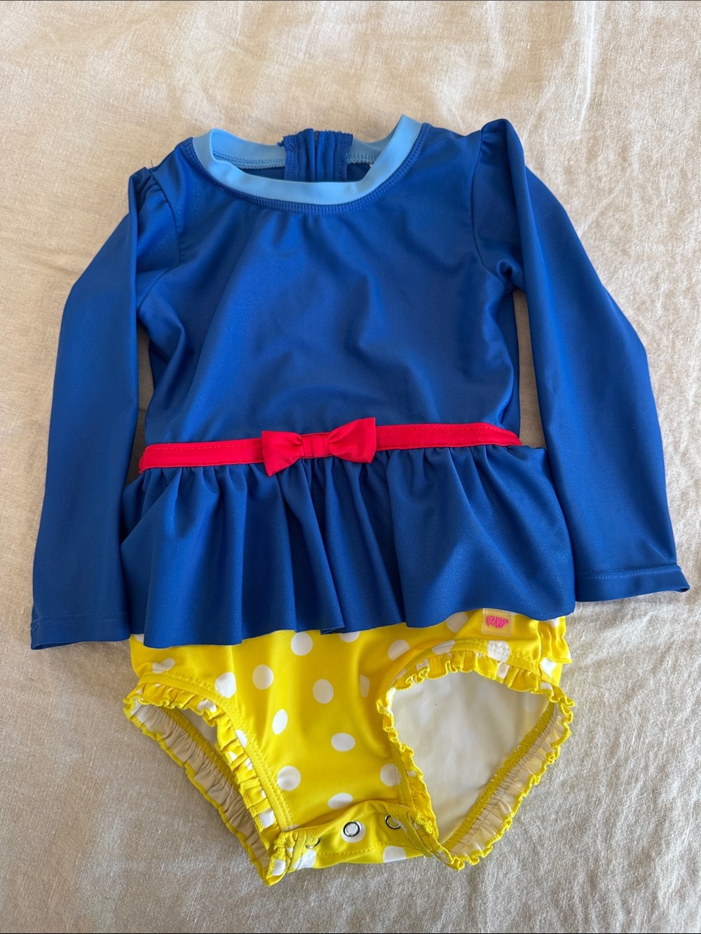 Ruffle Butts Navy Blue, Red and Yellow Polka One-Piece Swimsuit